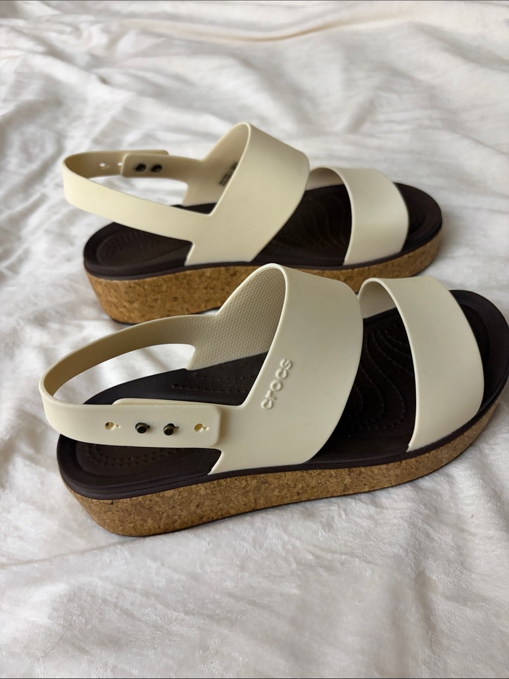 CROCS Women's Cream Cork-Platform Slingback Sandals